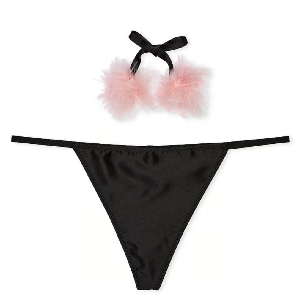 Victoria's Secret Dream Angels Satin Pom Pom V-String Panty SMALL BLACK